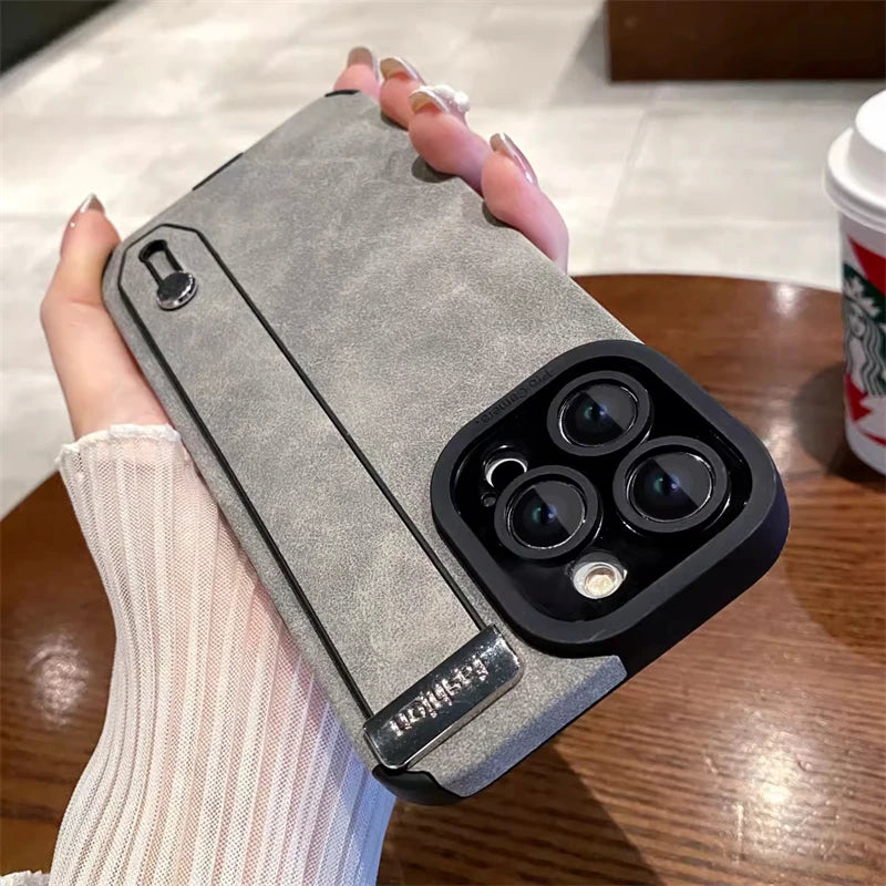 Luxury Suede Fur Leather Wrist Strap Holder Soft TPU Phone Case For iPhone 15 11 12 13 14 Pro Max 15Plus Shockproof Bumper Cover
