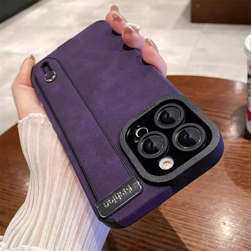 Luxury Suede Fur Leather Wrist Strap Holder Soft TPU Phone Case For iPhone 15 11 12 13 14 Pro Max 15Plus Shockproof Bumper Cover
