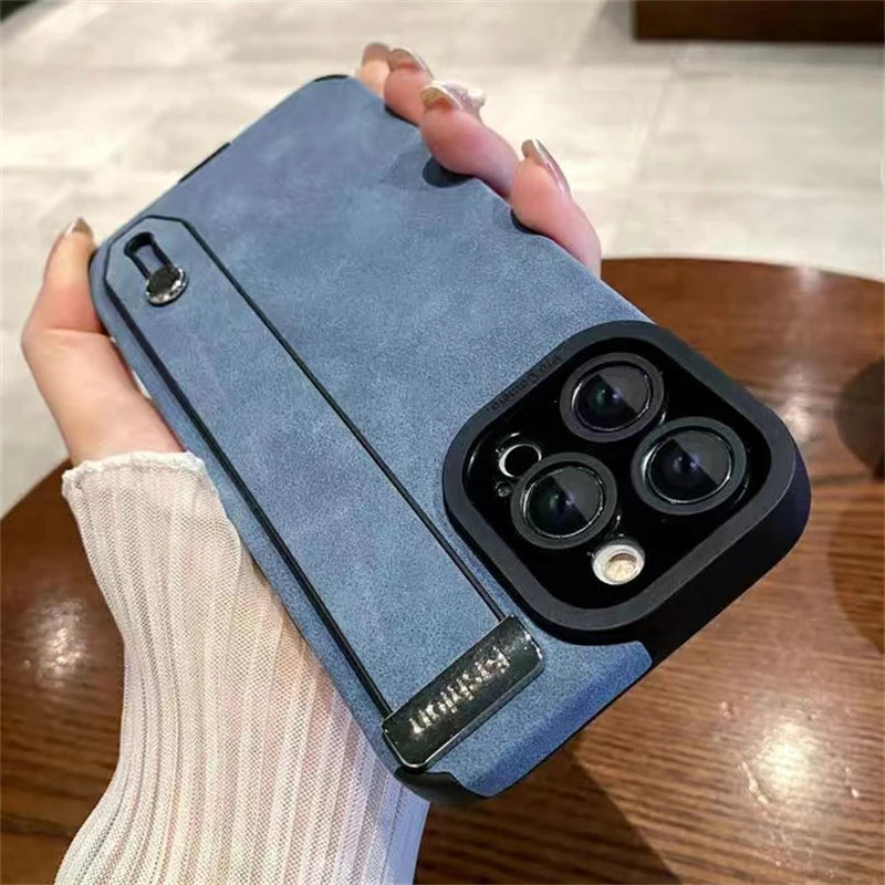 Luxury Suede Fur Leather Wrist Strap Holder Soft TPU Phone Case For iPhone 15 11 12 13 14 Pro Max 15Plus Shockproof Bumper Cover