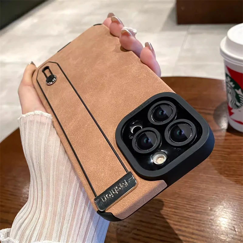 Luxury Suede Fur Leather Wrist Strap Holder Soft TPU Phone Case For iPhone 15 11 12 13 14 Pro Max 15Plus Shockproof Bumper Cover