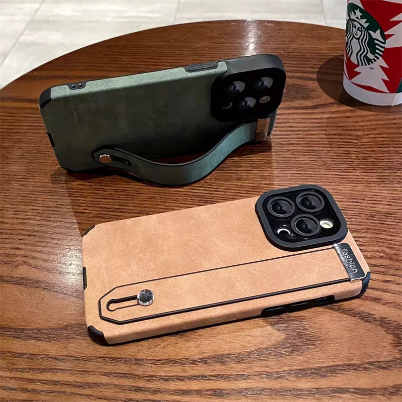 Luxury Suede Fur Leather Wrist Strap Holder Soft TPU Phone Case For iPhone 15 11 12 13 14 Pro Max 15Plus Shockproof Bumper Cover