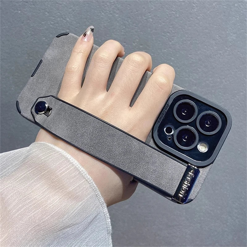 Luxury Suede Fur Leather Wrist Strap Holder Soft TPU Phone Case For iPhone 15 11 12 13 14 Pro Max 15Plus Shockproof Bumper Cover