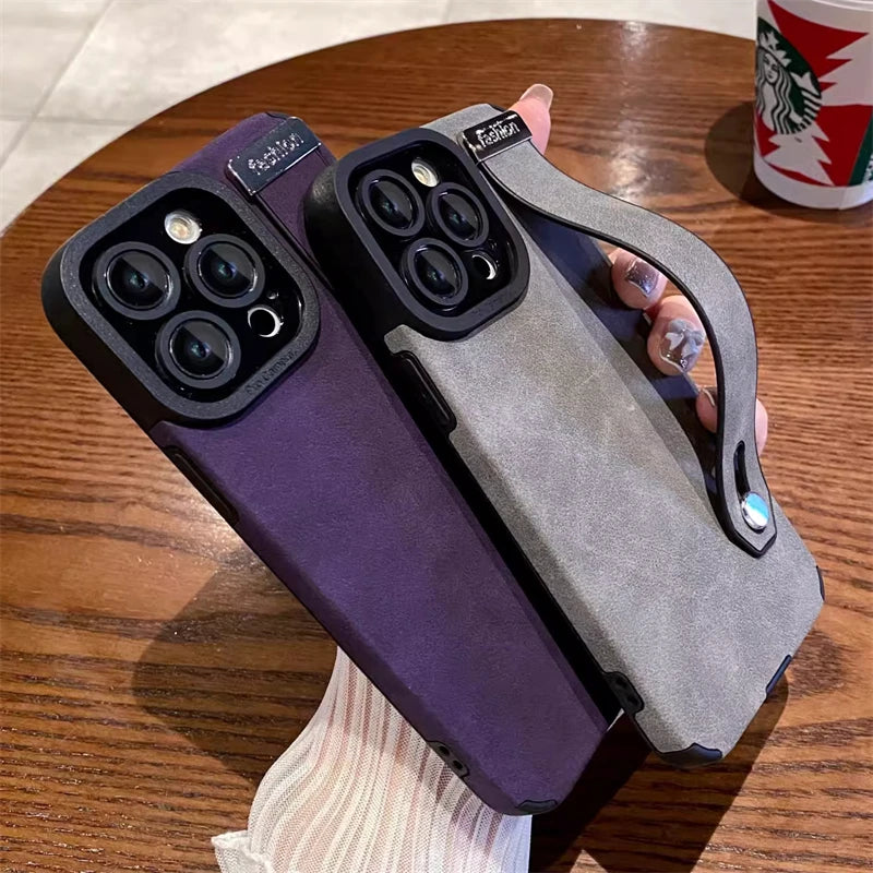Luxury Suede Fur Leather Wrist Strap Holder Soft TPU Phone Case For iPhone 15 11 12 13 14 Pro Max 15Plus Shockproof Bumper Cover